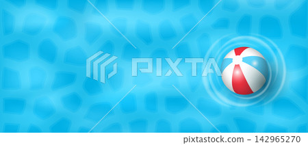 Summer backdrop with azure pool water and a beach ball. Invitation template for a summer pool party. 142965270
