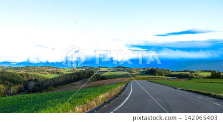 A scene of a single road on a hill in Biei, Hokkaido, at dusk in autumn. A scene of a single road on a hill in Biei, Hokkaido, at dusk in autumn. 142965403