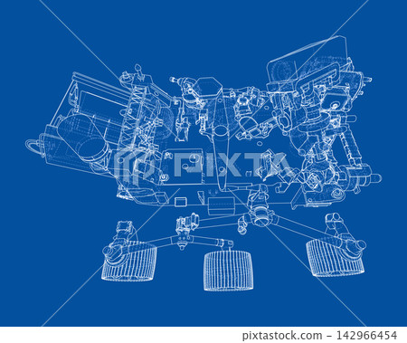 engine blueprint illustration on blue. Vector 142966454