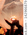 Hands Lighting the Fuel Burner of a Paper Sky Lantern During Night Festival 142966879
