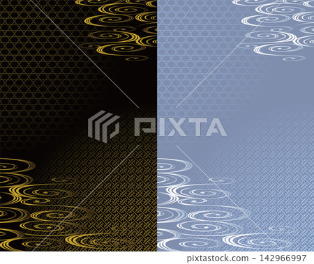 Traditional Japanese flowing water and patterns. Black and blue variations. Japanese-style vector graphics. Traditional Japanese flowing water and patterns. Black and blue variations. Japanese-style vector graphics. 142966997