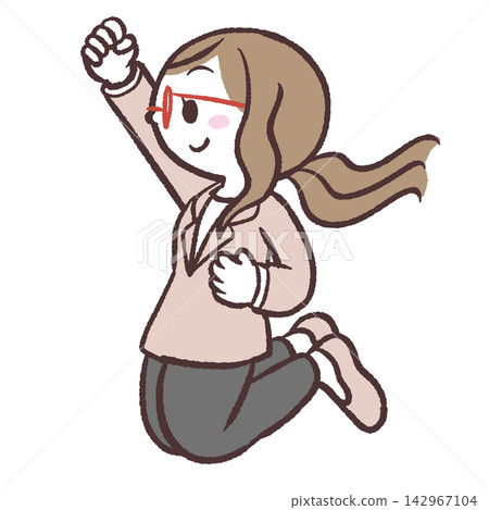 A side view illustration of a female office worker jumping. A side view illustration of a female office worker jumping. 142967104