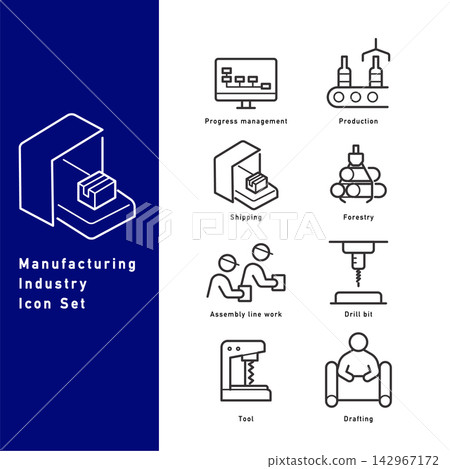 A set of line art icons related to various manufacturing and production industries. A set of line art icons related to various manufacturing and production industries. 142967172