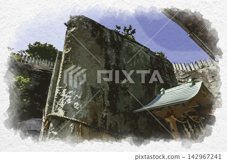 Watercolor style painting of the Stone Treasure Hall at Iwaishi Shrine in Takasago, Hyogo Prefecture. Watercolor style painting of the Stone Treasure Hall at Iwaishi Shrine in Takasago, Hyogo Prefecture. 142967241