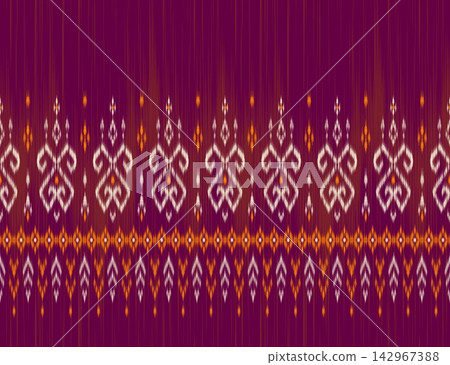 Hand-drawn seamless purple floral ikat pattern for luxury ethnic textiles and apparel design Hand-drawn seamless purple floral ikat pattern for luxury ethnic textiles and apparel design 142967388