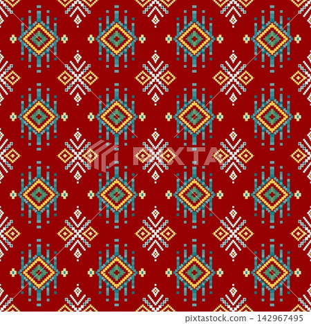 Hand-drawn seamless burgundy red ornamental diamond tile pattern for festive holiday luxury fabric print Hand-drawn seamless burgundy red ornamental diamond tile pattern for festive holiday luxury fabric print 142967495