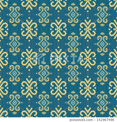 Hand-drawn Seamless Teal Traditional Pattern Background For Textile Printing And Wallpaper Packaging Hand-drawn Seamless Teal Traditional Pattern Background For Textile Printing And Wallpaper Packaging 142967496