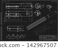 Mechanical engineering drawing of cutting tool on black background. Helical reamer construction with spiral flutes, dimensions and sections. Technical machining blueprint. Vector illustration. 142967507
