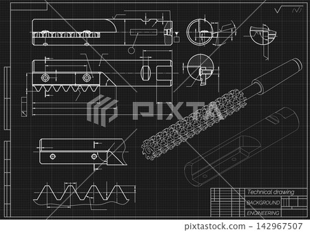 Mechanical engineering drawing of cutting tool on black background. Helical reamer construction with spiral flutes, dimensions and sections. Technical machining blueprint. Vector illustration. Mechanical engineering drawing of cutting tool on black background. Helical reamer construction with spiral flutes, dimensions and sections. Technical machining blueprint. Vector illustration. 142967507