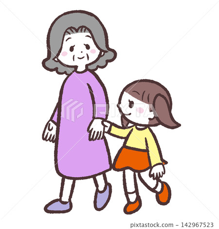 一幅女孩和一位老婦人手牽手的插圖。 一幅女孩和一位老婦人手牽手的插圖。 142967523