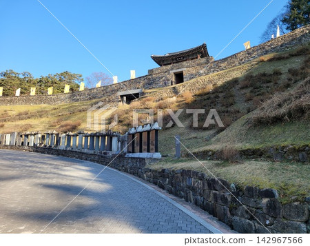 Entrance Gate Geumseoru and Stele Forest at Gongsanseong Fortress Entrance Gate Geumseoru and Stele Forest at Gongsanseong Fortress 142967566