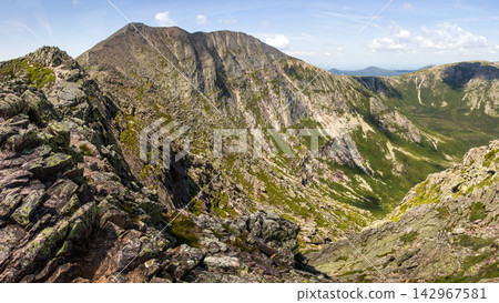 Mountain Panorama with Rugged Rocky Ridge and Alpine Valley 142967581