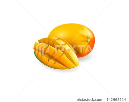 Whole and slice of 3d ripe mango juicy fruit illustration Whole and slice of 3d ripe mango juicy fruit illustration 142968214