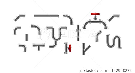 Stainless steel and metallic pipes, plumbing fittings. water, fuel or gas supply system, oil refinery industry pipeline 3d realistic connections Stainless steel and metallic pipes, plumbing fittings. water, fuel or gas supply system, oil refinery industry pipeline 3d realistic connections 142968275