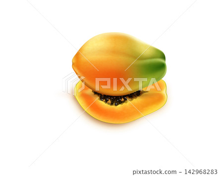 Whole and slice ripe papaya fruit realistic on transparent background 142968283