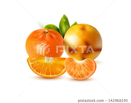 whole and sliced orange fruits. Whole and half orange slices 3d realistic illustration whole and sliced orange fruits. Whole and half orange slices 3d realistic illustration 142968295