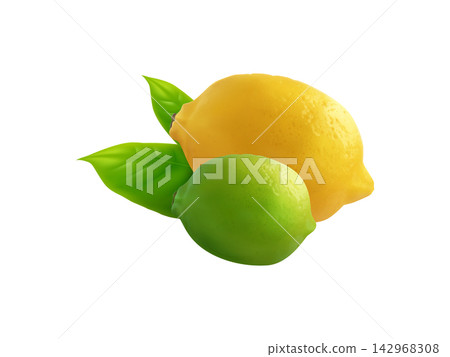 Yellow and green lemon realistic 3d render of citrus fruit. Fresh green and ripe lemon with green leaves 142968308