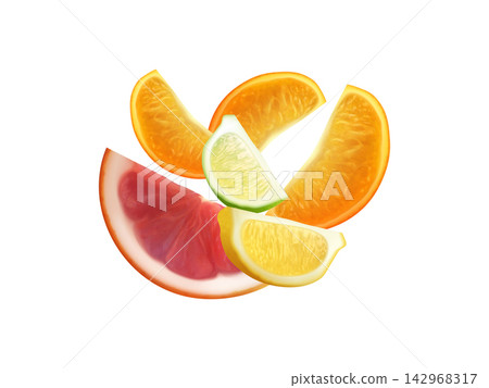 Slice of cirtrus fruits including lemon, orange, green lemon 3d realistic illustration 142968317