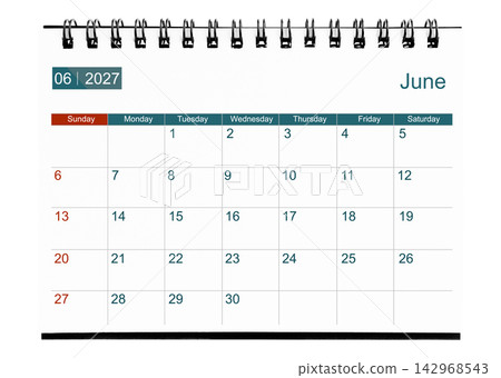 June 2027 calendar. Page of the annual business desk month calendar isolated on white. June 2027 calendar. Page of the annual business desk month calendar isolated on white. 142968543