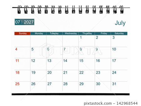 July 2027 calendar. Page of the annual business desk month calendar isolated on white. 142968544