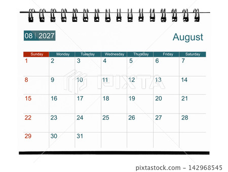 August 2027 calendar. Page of the annual business desk month calendar isolated on white. August 2027 calendar. Page of the annual business desk month calendar isolated on white. 142968545