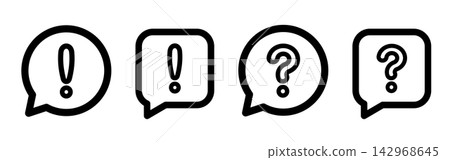 Vector speech bubble and exclamation mark (!), question mark (?), and question mark icon set Vector speech bubble and exclamation mark (!), question mark (?), and question mark icon set 142968645