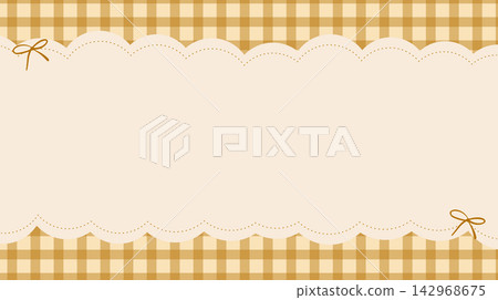 Yellow gingham plaid background with beige scalloped banner and cute bow knots. Yellow gingham plaid background with beige scalloped banner and cute bow knots. 142968675