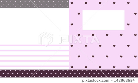 Pastel pink and dark pink split memo note card background set with polka dots, heart pattern, and stripes. 142968684
