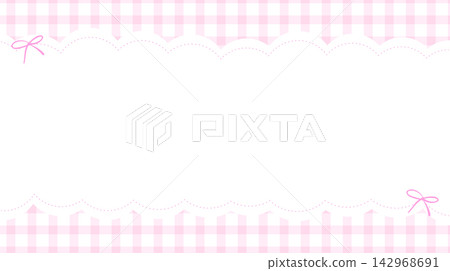 Pastel pink gingham scalloped frame background with stitched bow accent. Pastel pink gingham scalloped frame background with stitched bow accent. 142968691