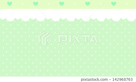 Pastel green polka dot background with green heart header and white scalloped lace border Pastel green polka dot background with green heart header and white scalloped lace border 142968763