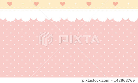 Pastel red polka dot background with yellow heart header and white scalloped lace border Pastel red polka dot background with yellow heart header and white scalloped lace border 142968769