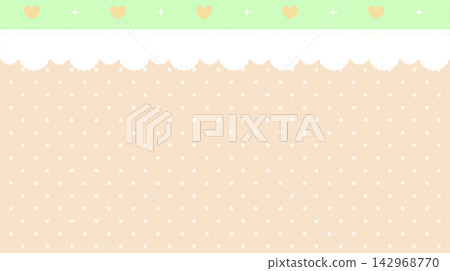 Pastel yellow polka dot background with green heart header and white scalloped lace border. 142968770