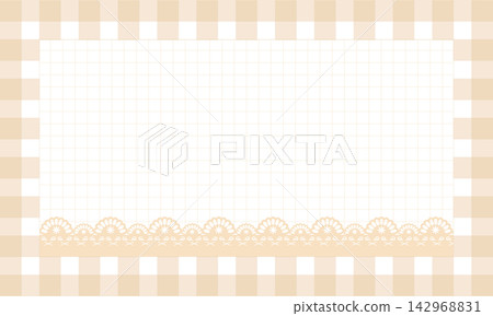 Pastel yellow grid notebook background with gingham frame and white eyelet lace trim. Pastel yellow grid notebook background with gingham frame and white eyelet lace trim. 142968831