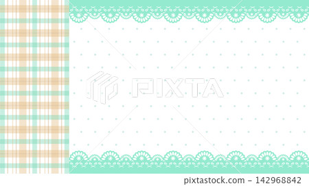Pastel yellow plaid and green polka dot split memo card background with green eyelet lace border Pastel yellow plaid and green polka dot split memo card background with green eyelet lace border 142968842