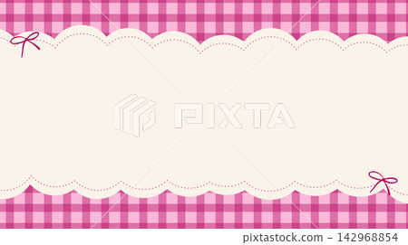 Pink gingham plaid background with beige scalloped banner and cute bow knots Pink gingham plaid background with beige scalloped banner and cute bow knots 142968854