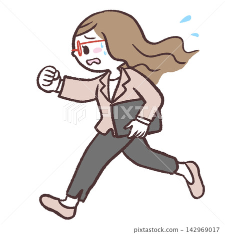 側視圖，描繪了一名女上班族奔跑的場景 142969017