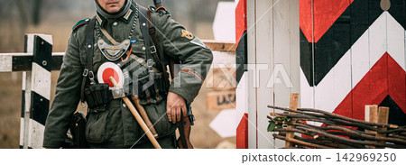 World War II Feldgendarmerie Soldier at Checkpoint Reenactment World War II Feldgendarmerie Soldier at Checkpoint Reenactment 142969250