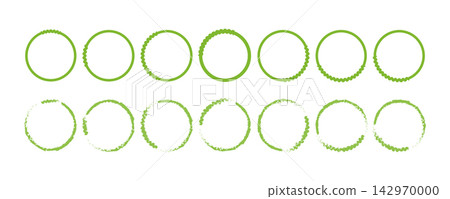 Collection of circular outlines with wavy and distressed textured edges, isolated abstract ring frames for borders, decoration, design elements, and graphic backgrounds 142970000