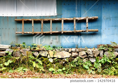 An old ladder hanging from a rusty corrugated iron wall in a remote village. An old ladder hanging from a rusty corrugated iron wall in a remote village. 142970418