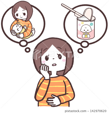 一幅描繪孕婦思考母乳和配方奶的插圖。 142970620