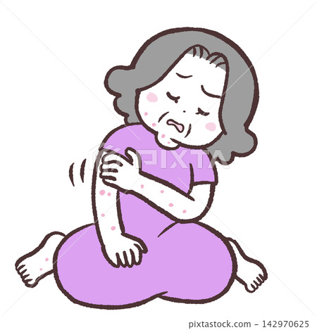 一位老年婦女身上長蕁麻疹的插畫。 一位老年婦女身上長蕁麻疹的插畫。 142970625