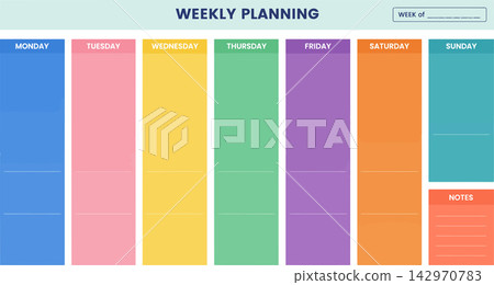 Colorful weekly planner layout with days of the week and notes section design Colorful weekly planner layout with days of the week and notes section design 142970783