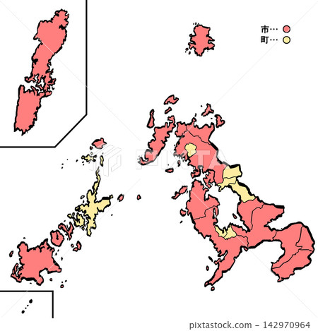 長崎縣地圖:城市/城鎮彩色(筆觸風格) 長崎縣地圖:城市/城鎮彩色(筆觸風格) 142970964