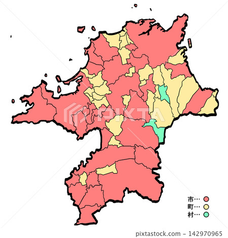 福岡縣地圖:城市/城鎮彩色圖(筆觸風格)- 日式風格 福岡縣地圖:城市/城鎮彩色圖(筆觸風格)- 日式風格 142970965