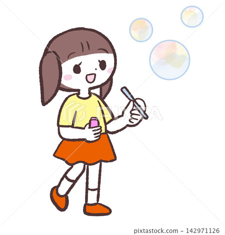 An illustration of a girl gazing at soap bubbles. An illustration of a girl gazing at soap bubbles. 142971126