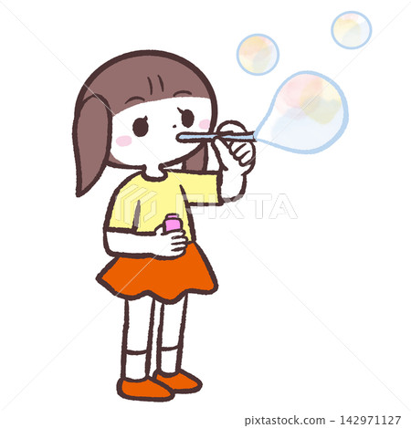Illustration of a girl playing with soap bubbles Illustration of a girl playing with soap bubbles 142971127