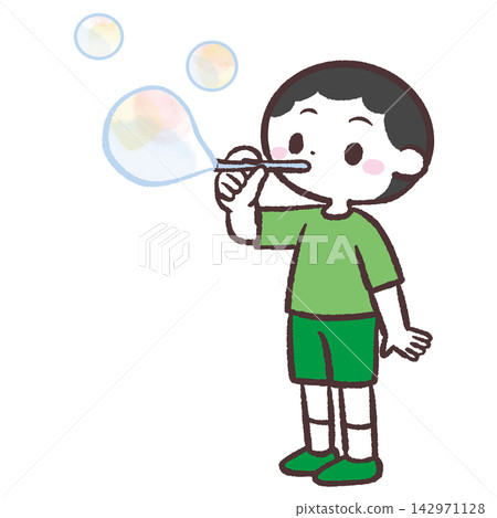 一個男孩玩肥皂泡的插圖 一個男孩玩肥皂泡的插圖 142971128
