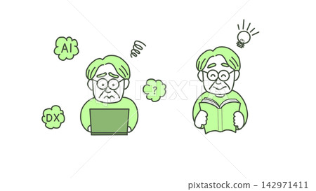 An illustration depicting an active senior diligently working on risk reduction (a set of materials showing the challenges of DX and how to learn from them to solve them). An illustration depicting an active senior diligently working on risk reduction (a set of materials showing the challenges of DX and how to learn from them to solve them). 142971411