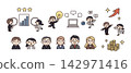 一組與商業相關的插圖，包括穿著西裝的人、圖表和電腦。 142971416