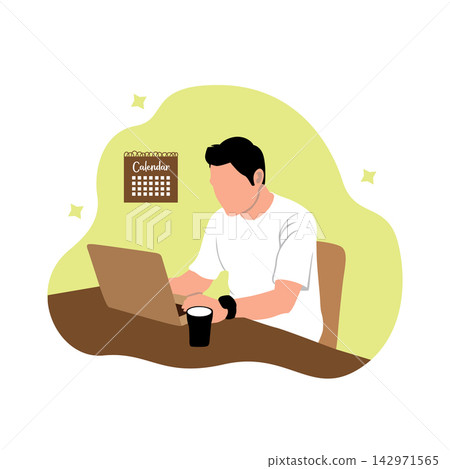 Man working on laptop at home. Freelance work concept. Vector illustration in flat style Man working on laptop at home. Freelance work concept. Vector illustration in flat style 142971565